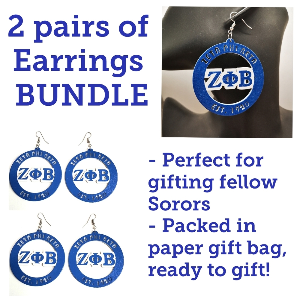 2 pairs BUNDLE Zeta Phi Beta Earrings, ZOB, Sorority Jewelry Wood, Zeta Finer
